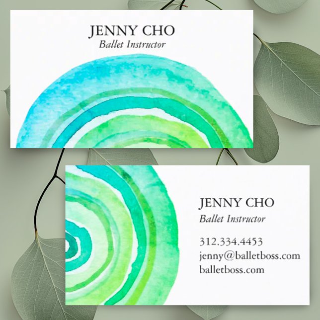Watercolor Circles Abstract Minimalist Handmade Business Card (Custom business cards with hand painted green watercolor rings design.)