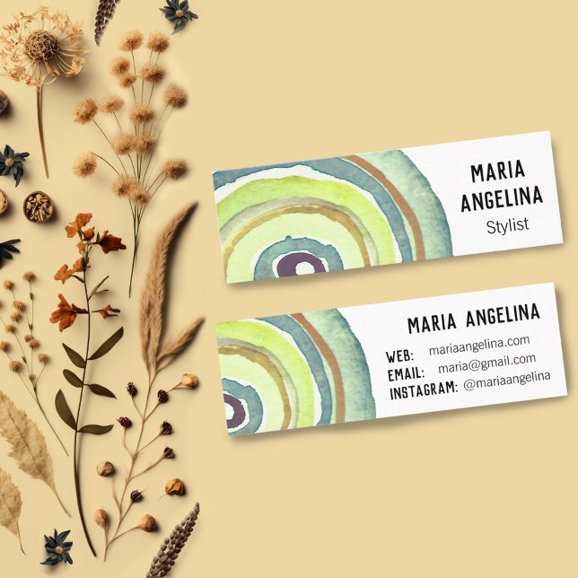 Watercolor Circles Neutral Rings Abstract Green Mini Business Card (Mini business cards with a watercolor rings design. Customize with your own text)