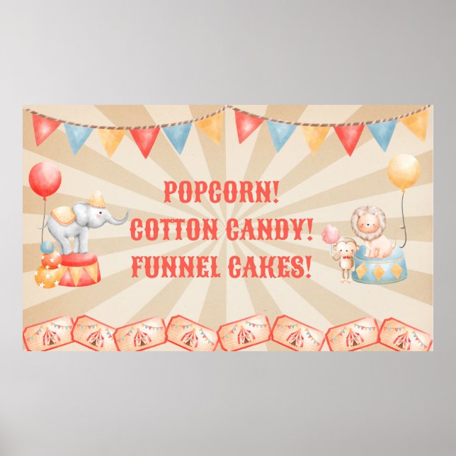 Watercolor Circus Animals Birthday Party Station  Poster (Front)