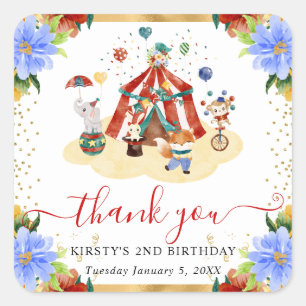 Watercolor Circus Animals Floral Birthday Square Sticker