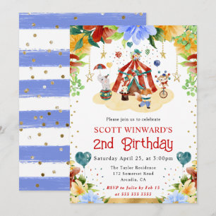 Watercolor Circus Animals Kids Birthday Invitation