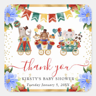 Watercolor Circus Animals Train Floral Baby Shower Square Sticker