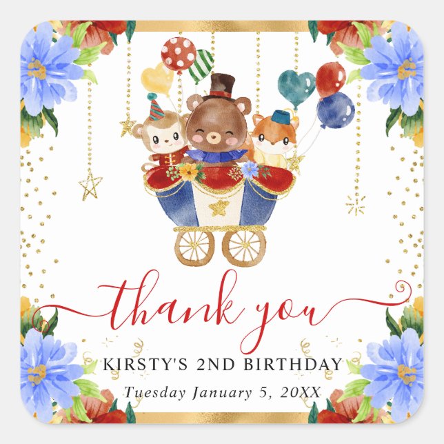 Watercolor Circus Animals Train Floral Birthday Square Sticker (Front)