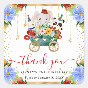 Watercolor Circus Animals Train Floral Birthday Square Sticker