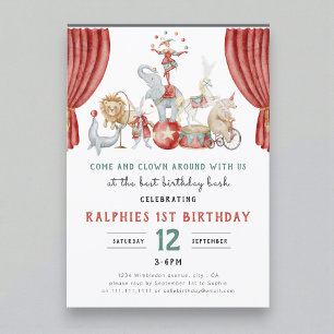 Watercolor Circus Elephant First Birthday Invitation