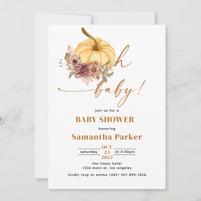 Watercolor Citrouille Oh Baby Invitation (Devant)