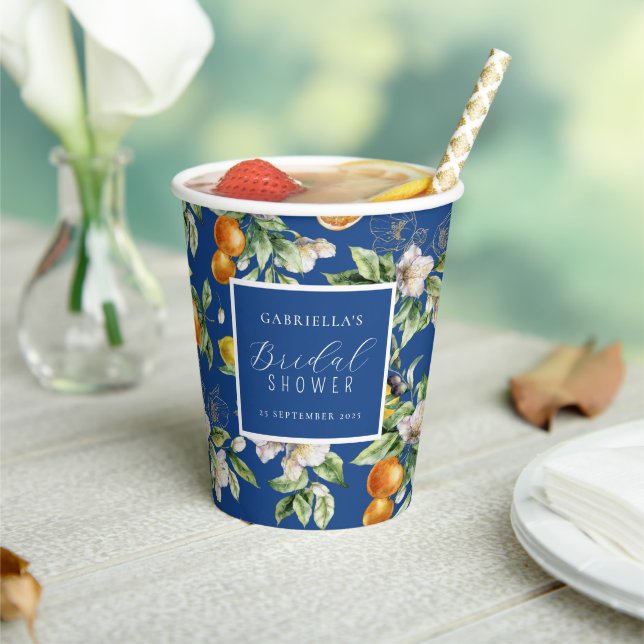 Watercolor Citrus Botanical Bridal Shower Blue Paper Cups (Insitu)