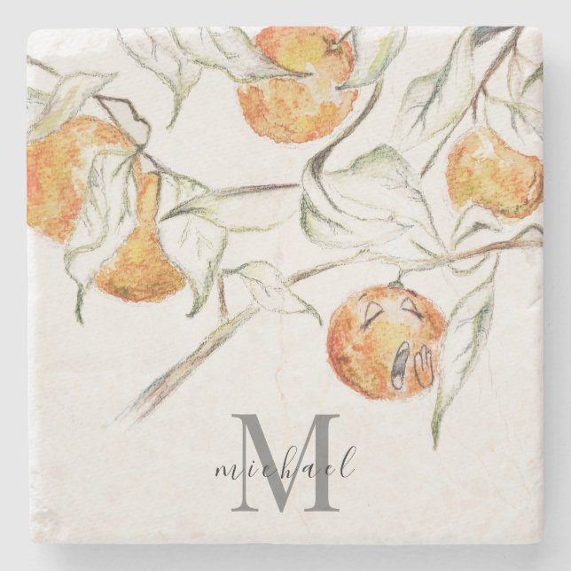 Watercolor Citrus Fruit Clementine Cutie Monogram Stone Coaster (Front)
