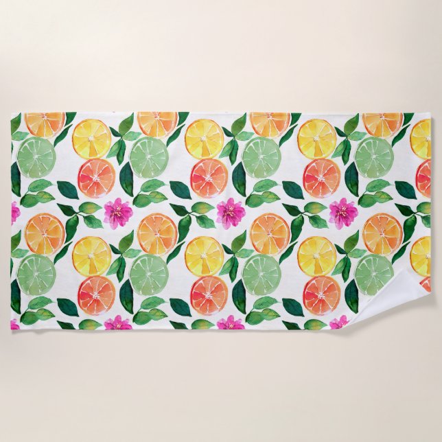Watercolor Citrus Fruit Floral Botanical Beach Towel (Front)