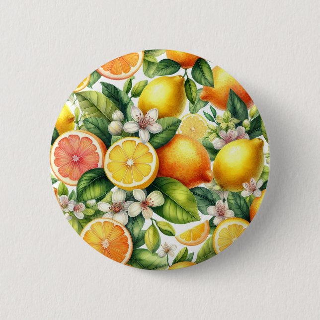Watercolor Citrus Fruit Pattern 2 Inch Round Button (Front)