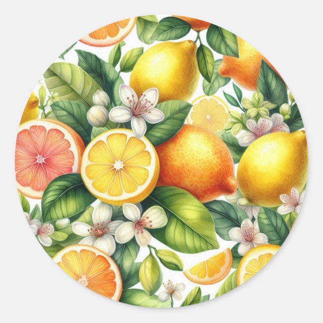 Watercolor Citrus Fruit Pattern Classic Round Sticker (Front)