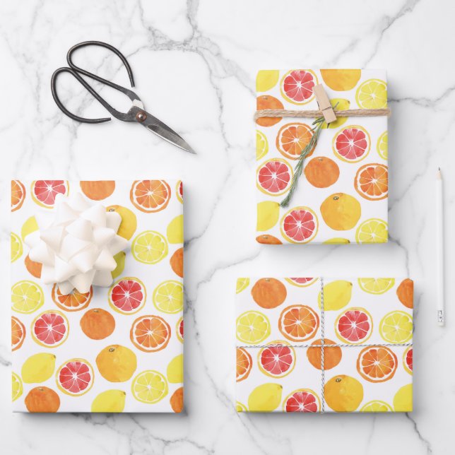 Watercolor Citrus Fruit Pattern Wrapping Paper Sheet (Front)