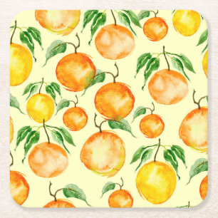 Watercolor citrus fruits, tropical pattern. square paper coaster