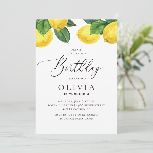 Watercolor citrus garden lemon kids birthday invitation (Standing Front)