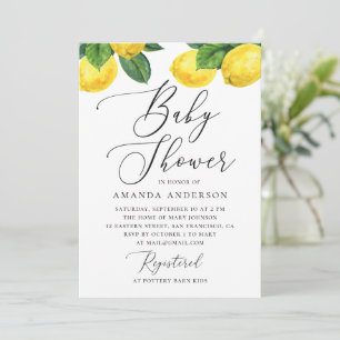 Watercolor citrus garden. Lemon script baby shower Invitation