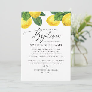 Watercolor citrus garden. Lemon script baptism Invitation