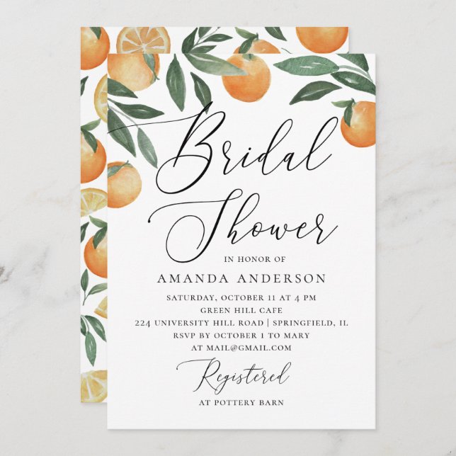 Watercolor citrus garden script bridal shower invitation (Front/Back)
