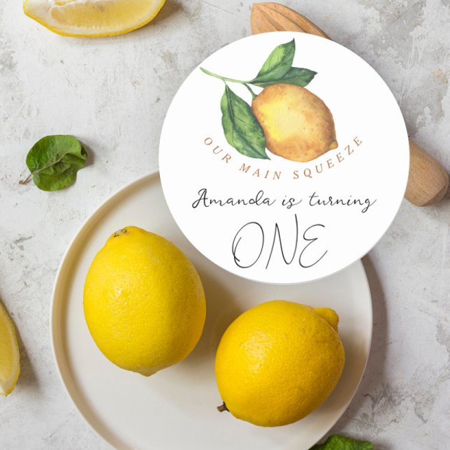 Watercolor citrus lemon 1st birthday party classic round sticker (Creator Uploaded)
