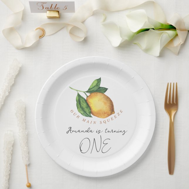 Watercolor citrus lemon 1st birthday party paper plate (Wedding)