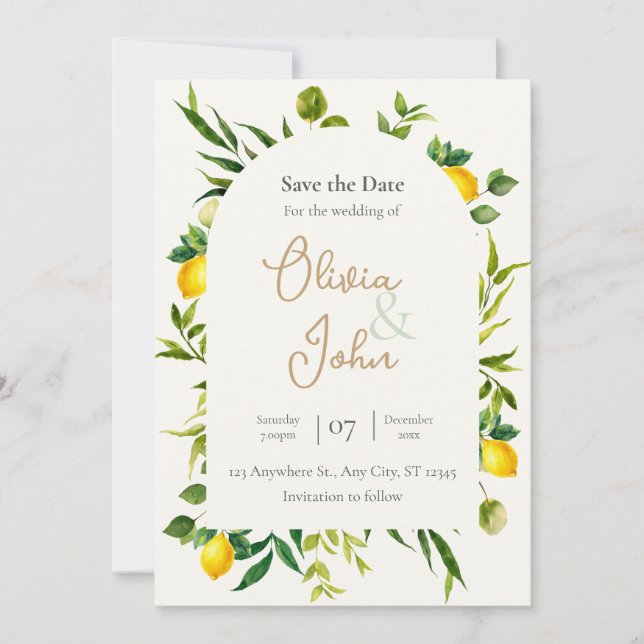 Watercolor Citrus Lemon Arch Save the Date Card (Front)
