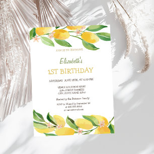 Watercolor Citrus Lemons Flowers Birthday  Invitation