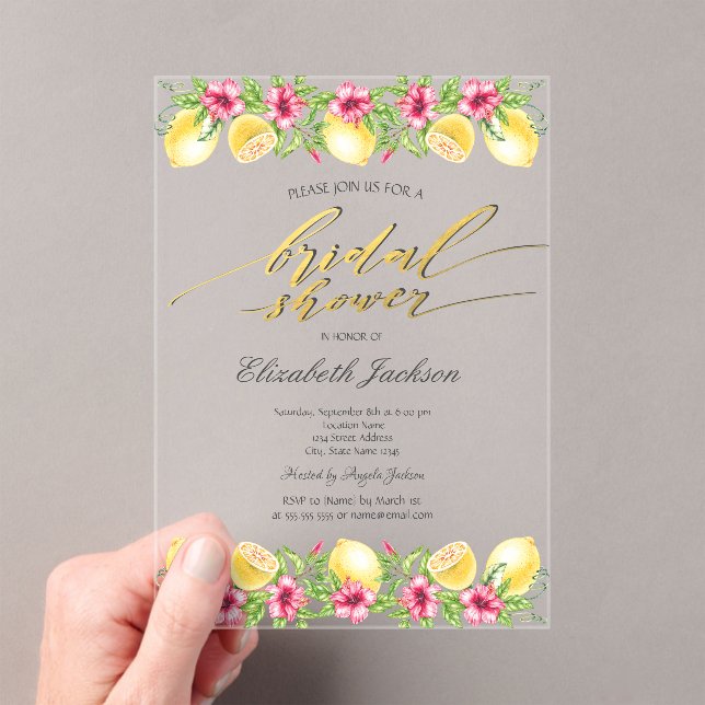 Watercolor Citrus Lemons Yellow Bridal Shower  Acrylic Invitations (Insitu (Handheld))