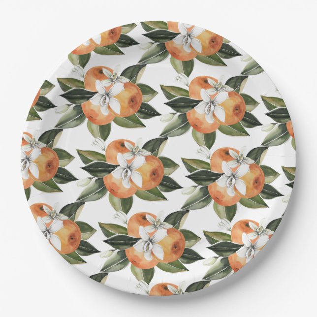 Watercolor Citrus Orange Cutie Mandarine Fruit Paper Plate (Front)