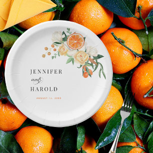 Watercolor Citrus Orange Floral Summer Wedding Paper Plate
