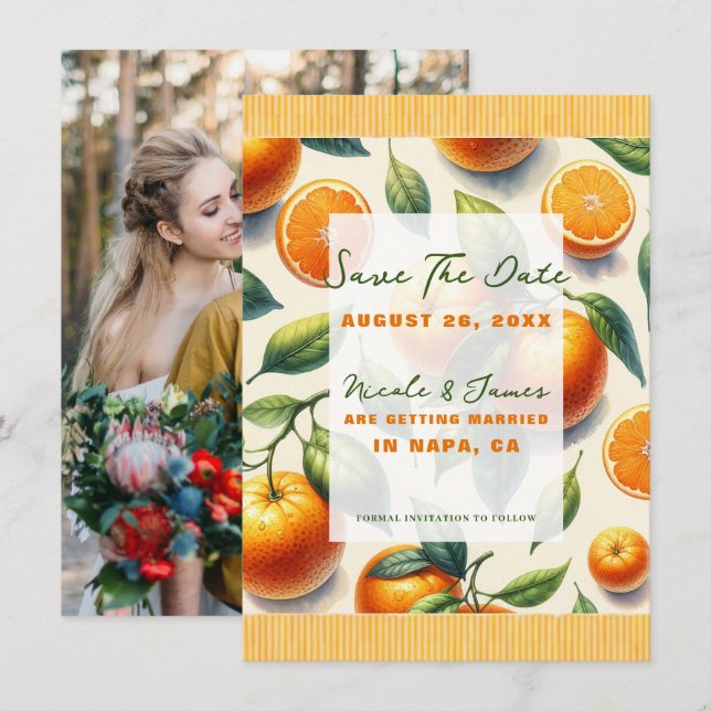 Watercolor Citrus Orange Leaves Save the Date Invitation (Front/Back)