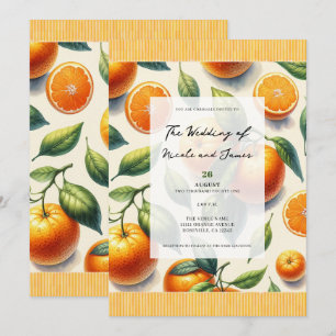 Watercolor Citrus Orange Leaves Wedding Invitation