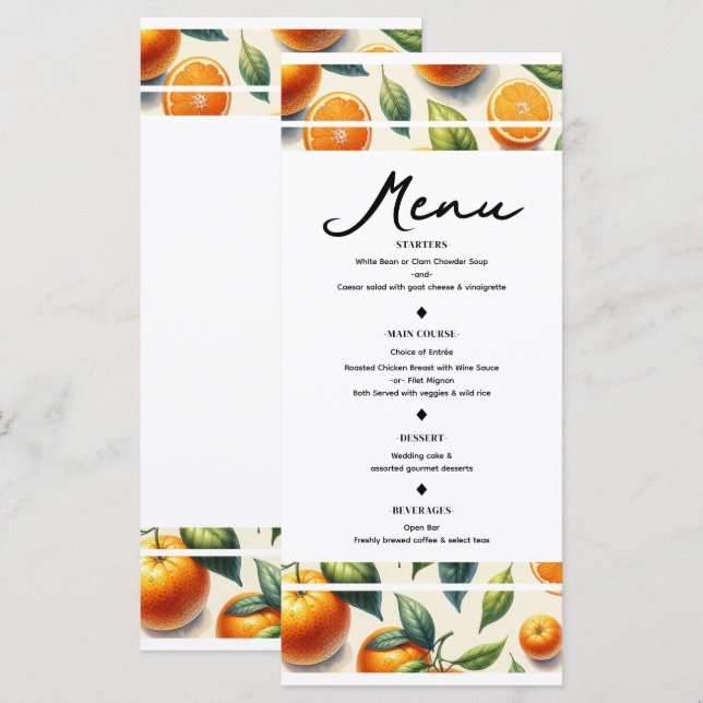 Watercolor Citrus Orange Leaves Wedding Menu (Front/Back)
