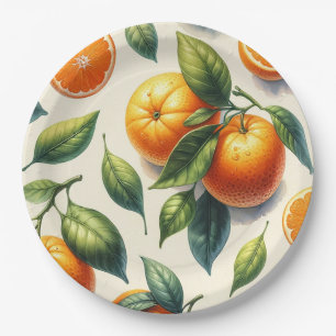 Watercolor Citrus Orange Leaves Wedding Paper Plate