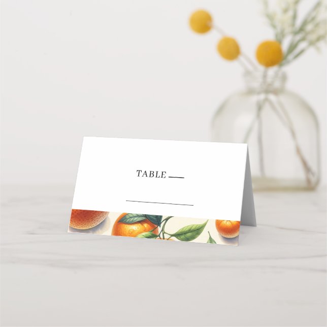Watercolor Citrus Orange Leaves Wedding  Place Card (Front)