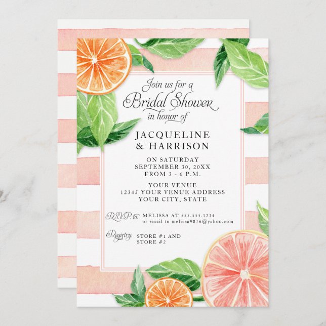 Watercolor Citrus Pink Grapefruit Bridal Shower Invitation (Front/Back)