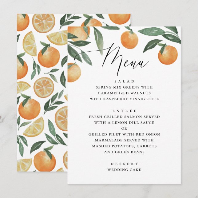 Watercolor citrus wedding. Summer floral garden Menu (Front/Back)