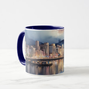Watercolor City Night View River and Fishing Boat Mug