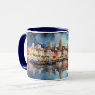 Watercolor City Night View with Lake, Fishing Boat Mug