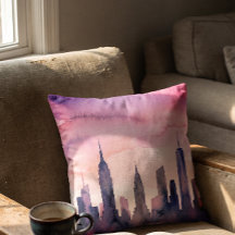 Watercolor Cityscape Indigo Pastel Pink NY Skyline