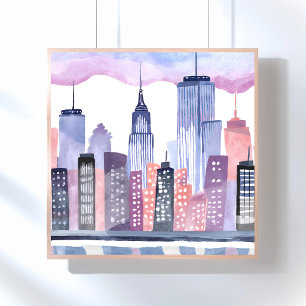 Watercolor Cityscape Skyline Painting Poster