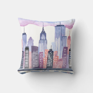 Watercolor Cityscape Skyline Throw Pillow