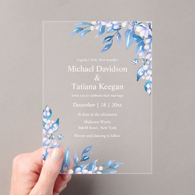  watercolor classic blue winter greenery wedding  acrylic invitations (Insitu (Handheld))