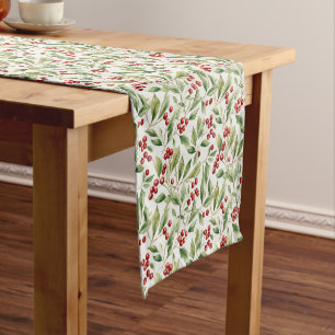 Watercolor classic Christmas greenery holly berry Short Table Runner