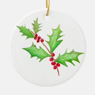 Watercolor Classic Christmas Holly Ceramic Ornament