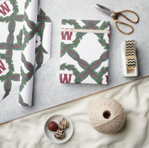 Watercolor Classic Christmas Plaid Wreath Monogram Wrapping Paper