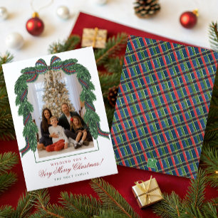 Watercolor Classic Tartan Plaid Ribbon Photo Holiday Card