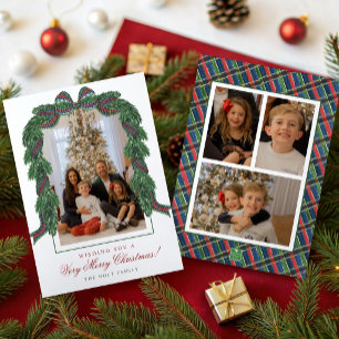 Watercolor Classic Tartan Plaid Ribbon Photo Holiday Card