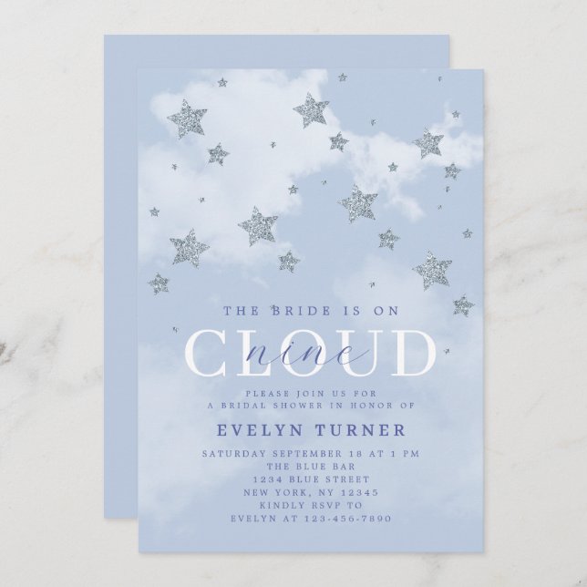 Watercolor Cloud 9 Stars Blue White Bridal Shower  Invitation (Front/Back)