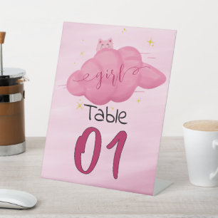 Watercolor Cloud Baby Girl Shower Table Numbers Pedestal Sign