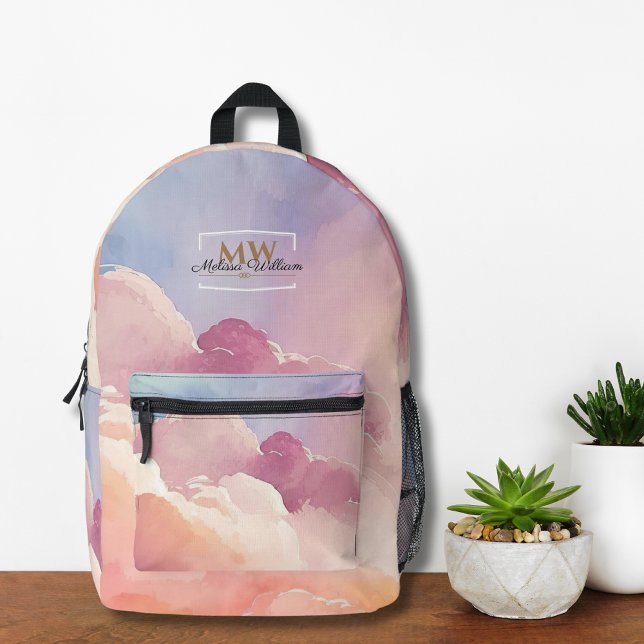 Watercolor Clouds Black Gold Monogram Name Script Printed Backpack (Creator Uploaded)