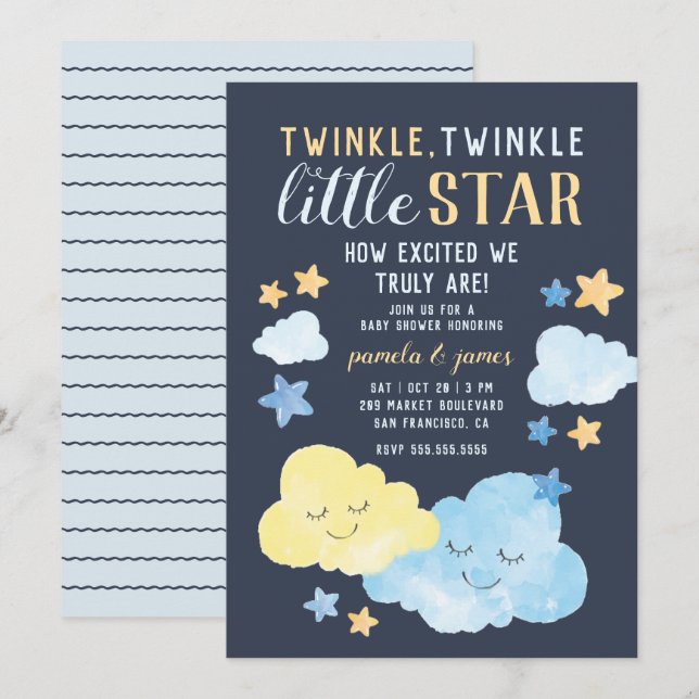 Watercolor Clouds Twinkle Little Star Baby Shower Invitation (Front/Back)